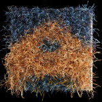 Paper House 3. 13w x 13l x 3d. Woven linen ground, knots of linen, pine, bamboo and silk paper yarns.